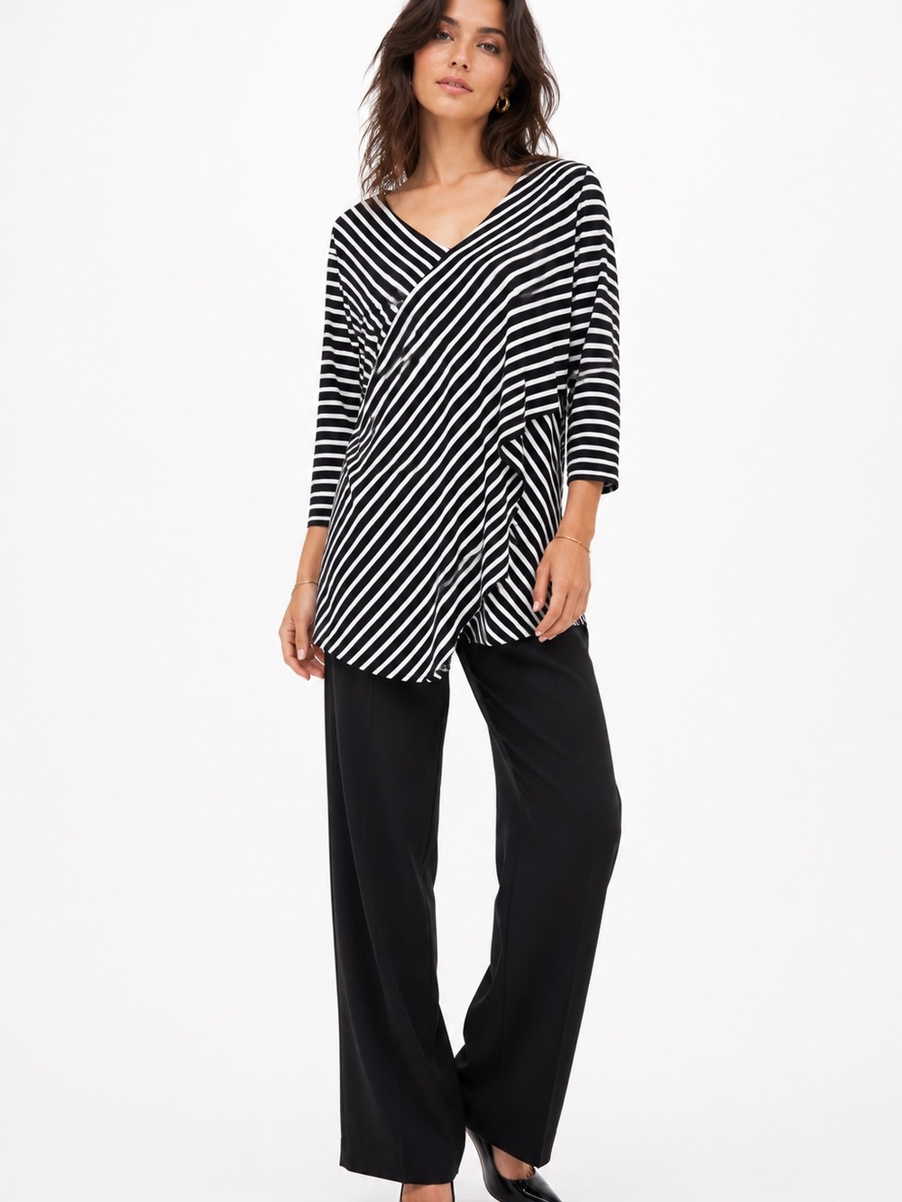 CHICOS Knit Layered Asymmetrical Black & White Striped V-Neck Tunic Top Tee